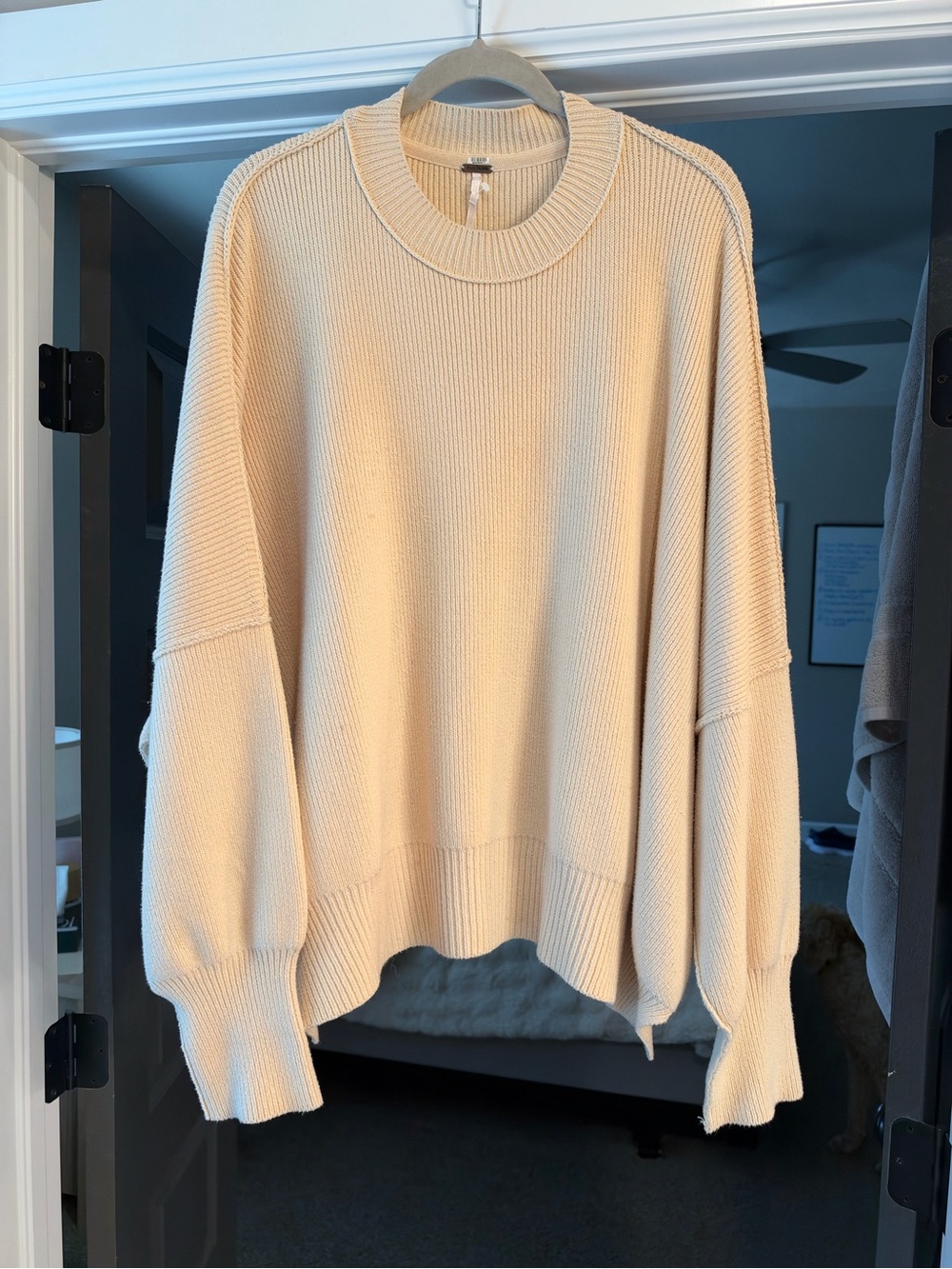 Free People Cream Oversized Ribbed Crew Sweater